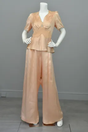 1930s Peach Silk Satin Aqua Piping Keyhole Back Pajamas Loungewear, Size Large