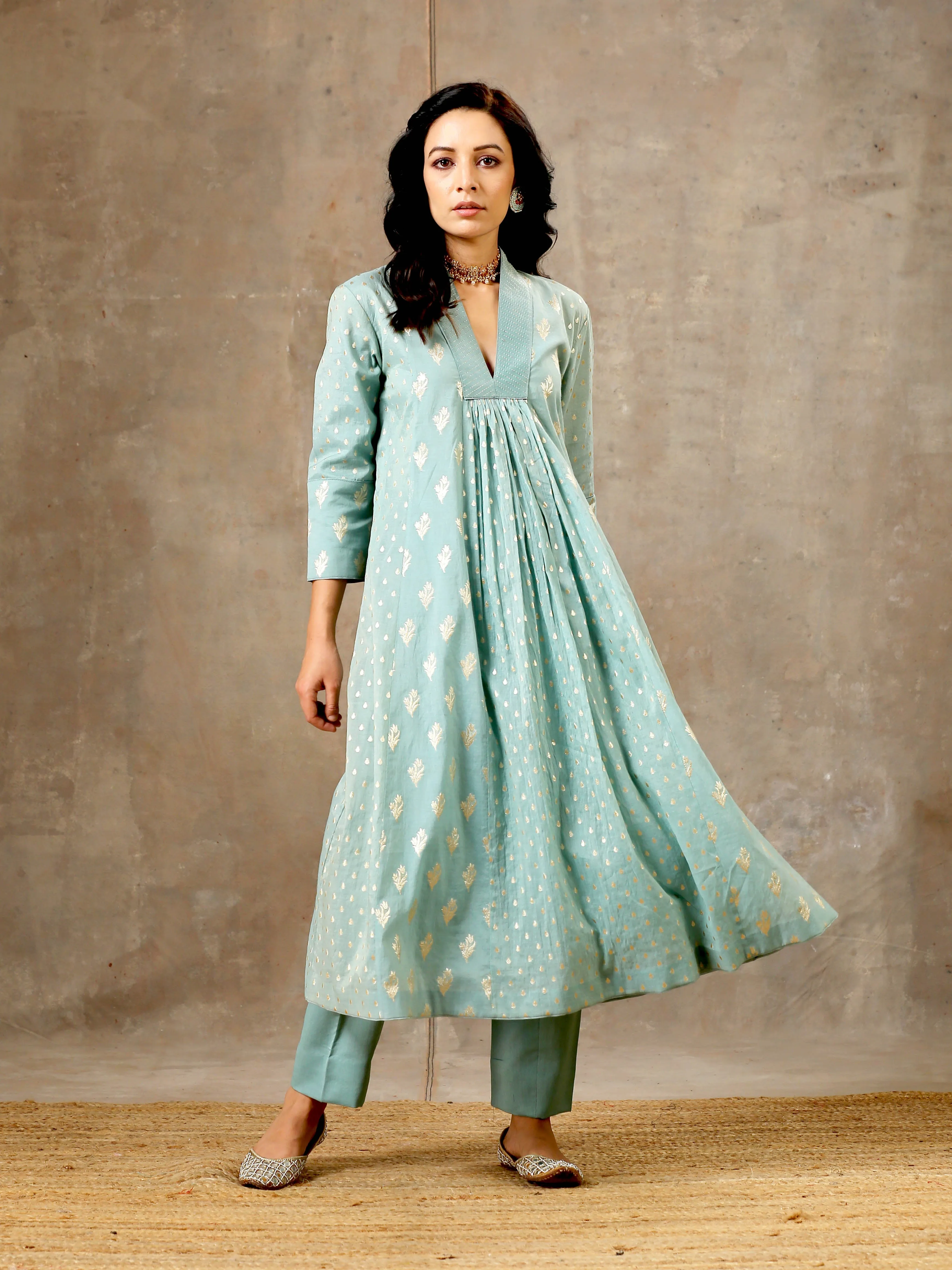 5 Kali Silk Chanderi Kurta Set in Aqua Blue