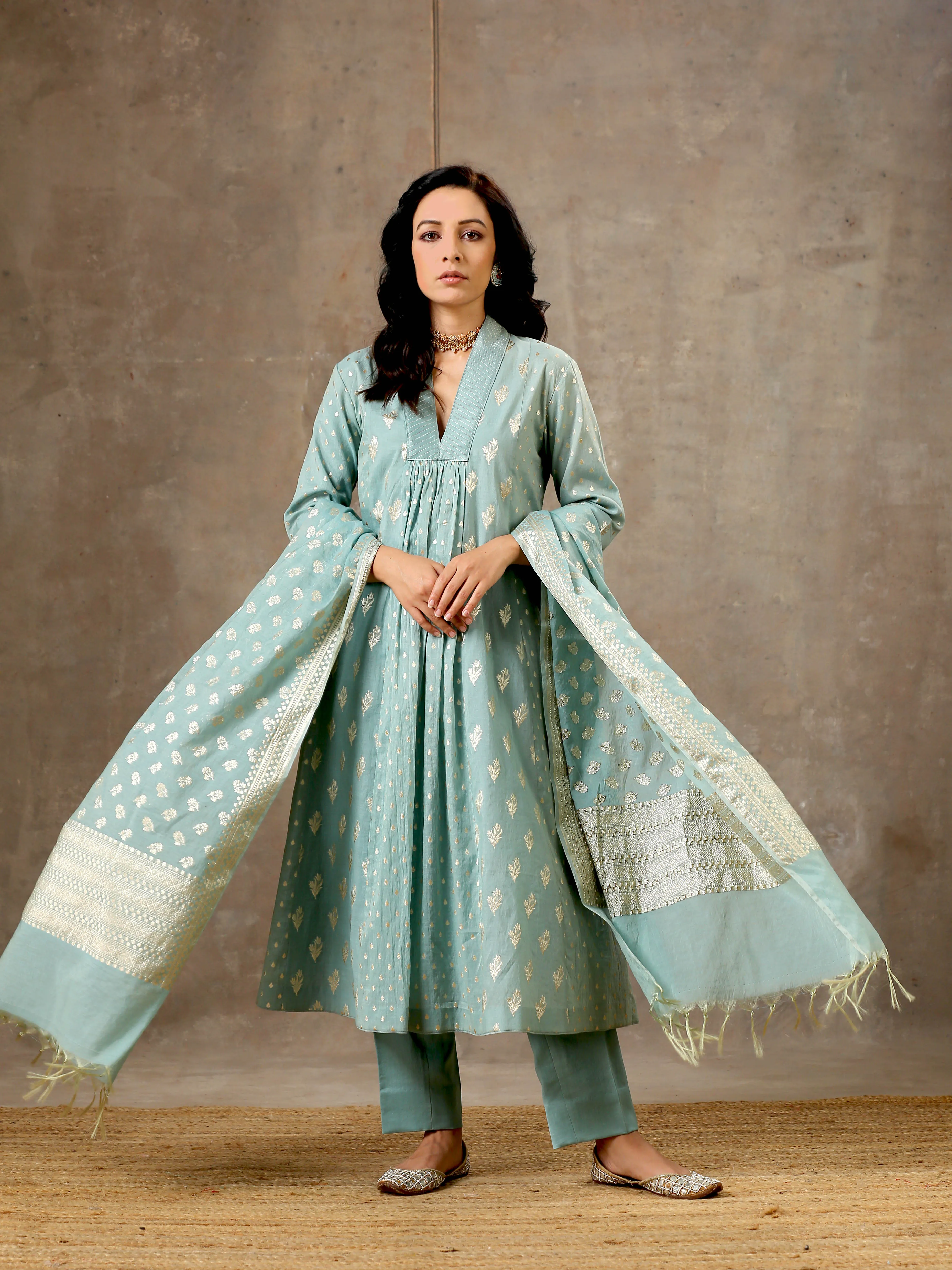 5 Kali Silk Chanderi Kurta Set in Aqua Blue