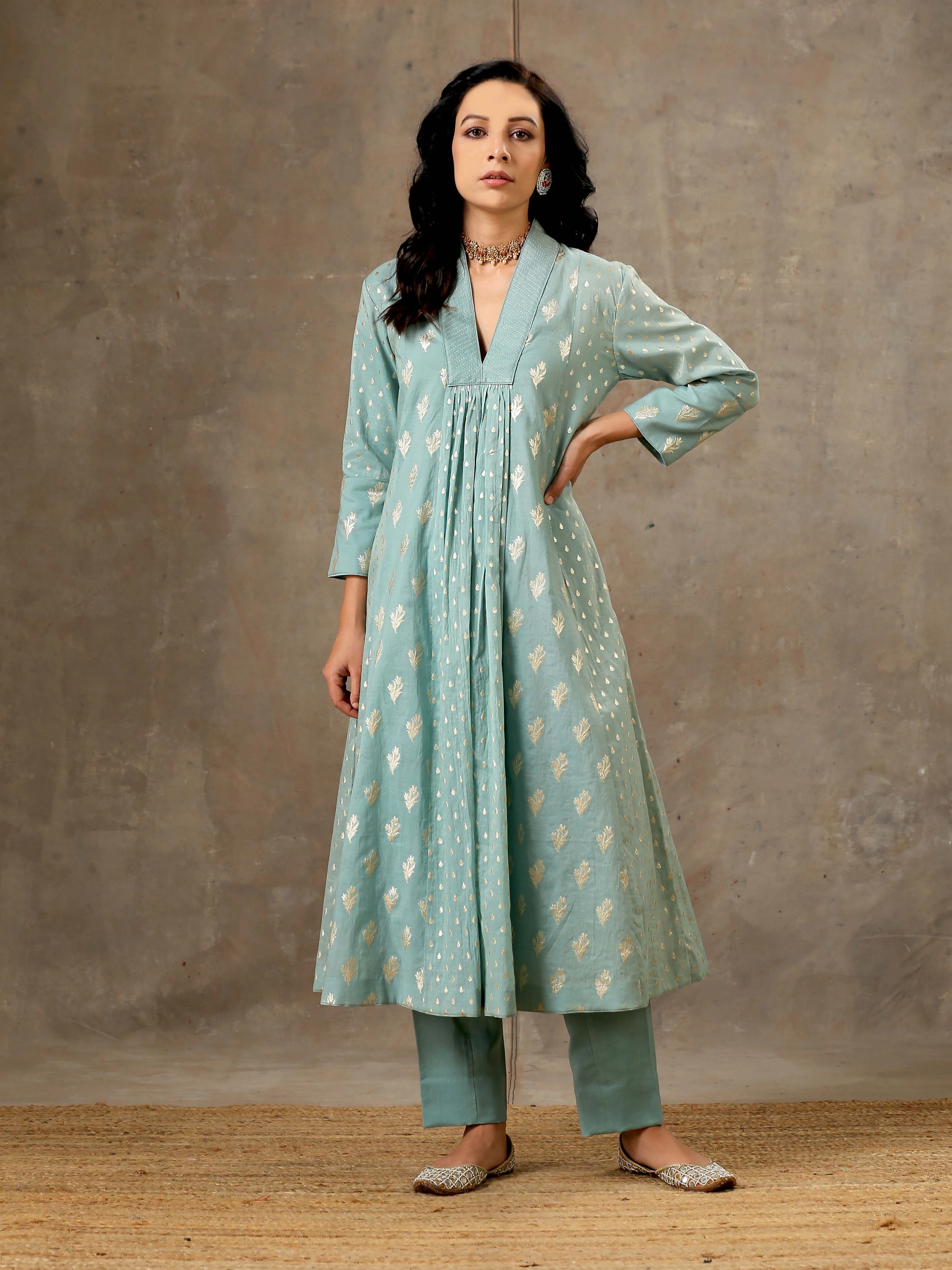 5 Kali Silk Chanderi Kurta Set in Aqua Blue