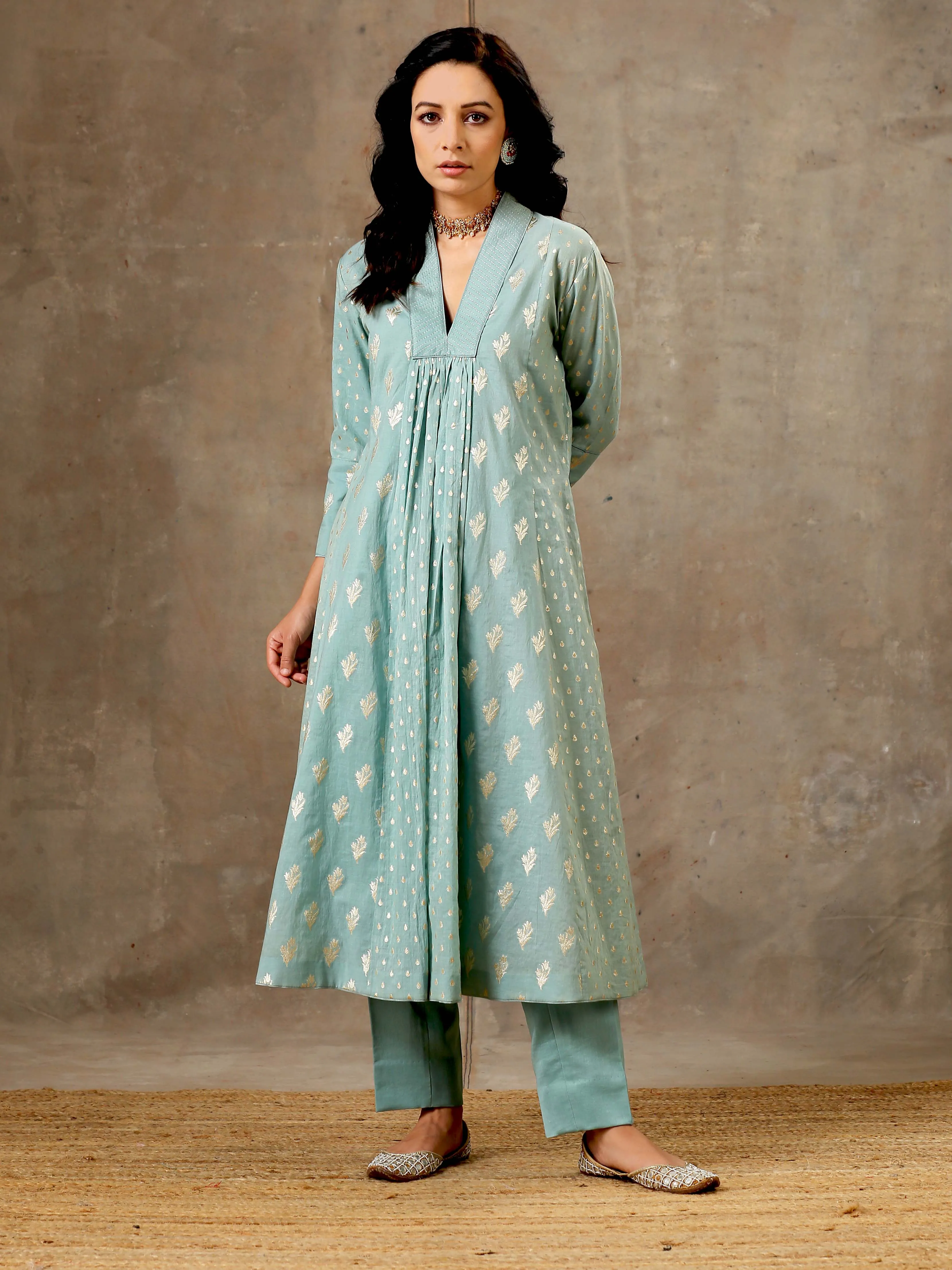 5 Kali Silk Chanderi Kurta Set in Aqua Blue