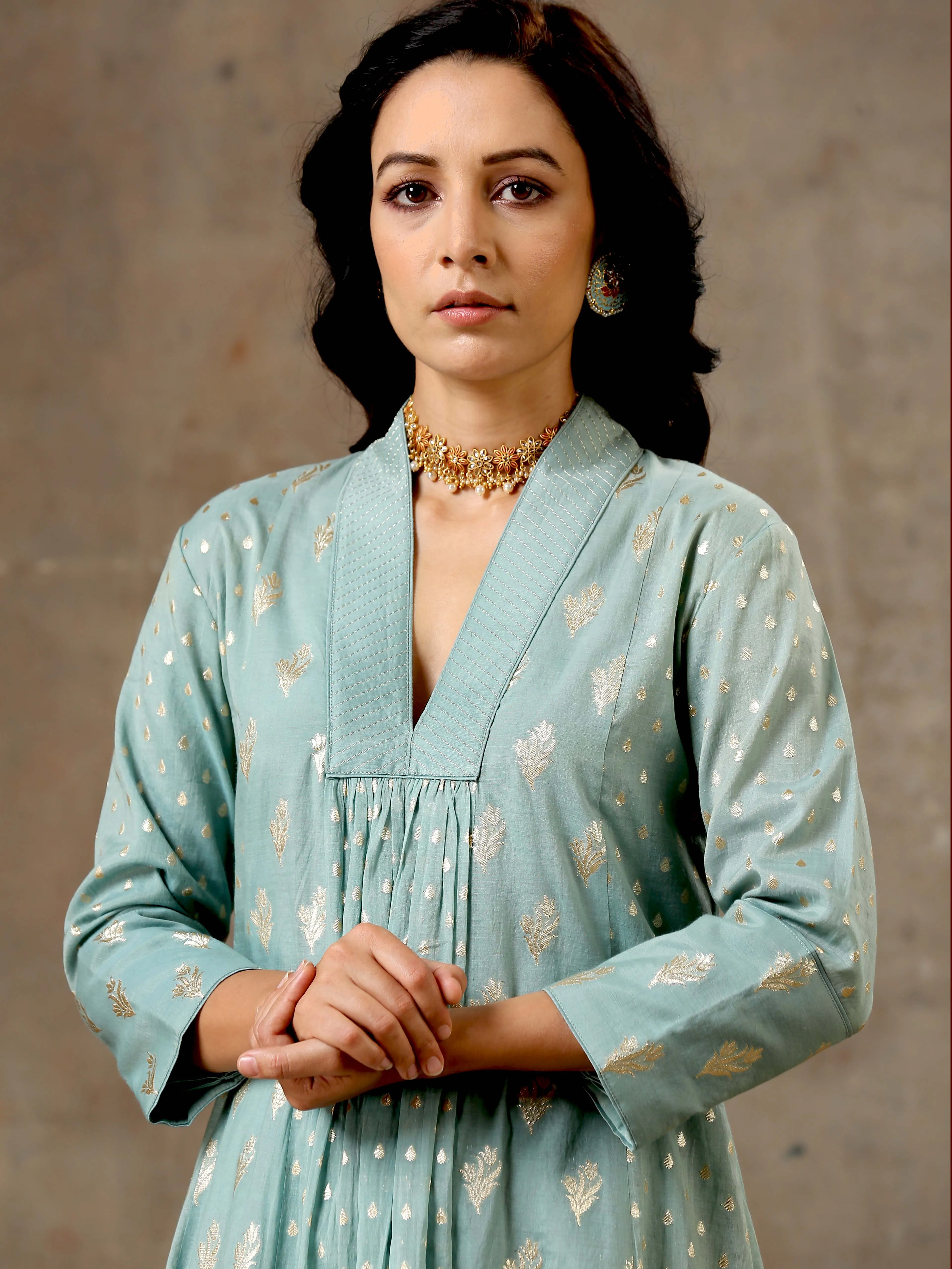 5 Kali Silk Chanderi Kurta Set in Aqua Blue