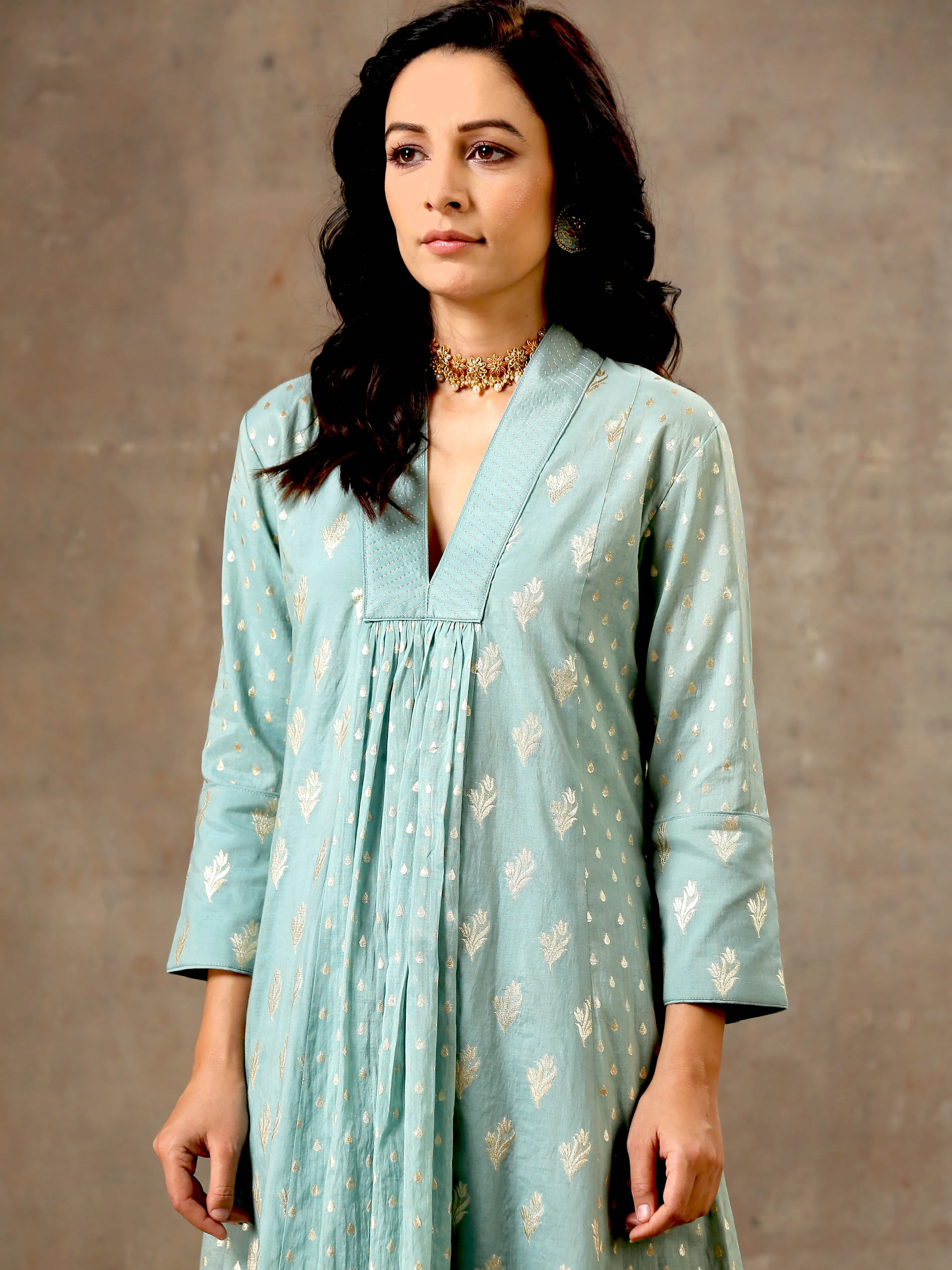 5 Kali Silk Chanderi Kurta Set in Aqua Blue