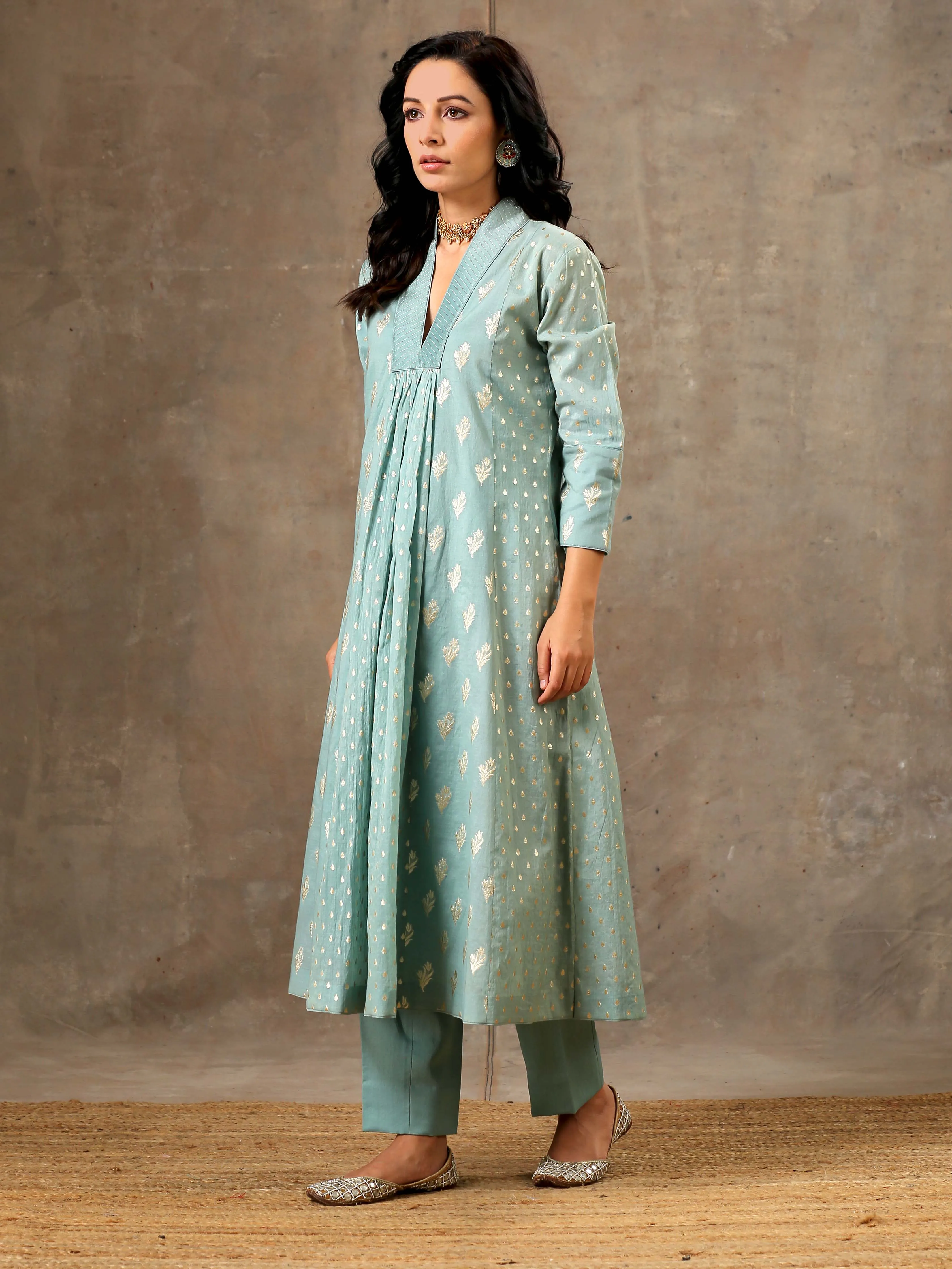 5 Kali Silk Chanderi Kurta Set in Aqua Blue