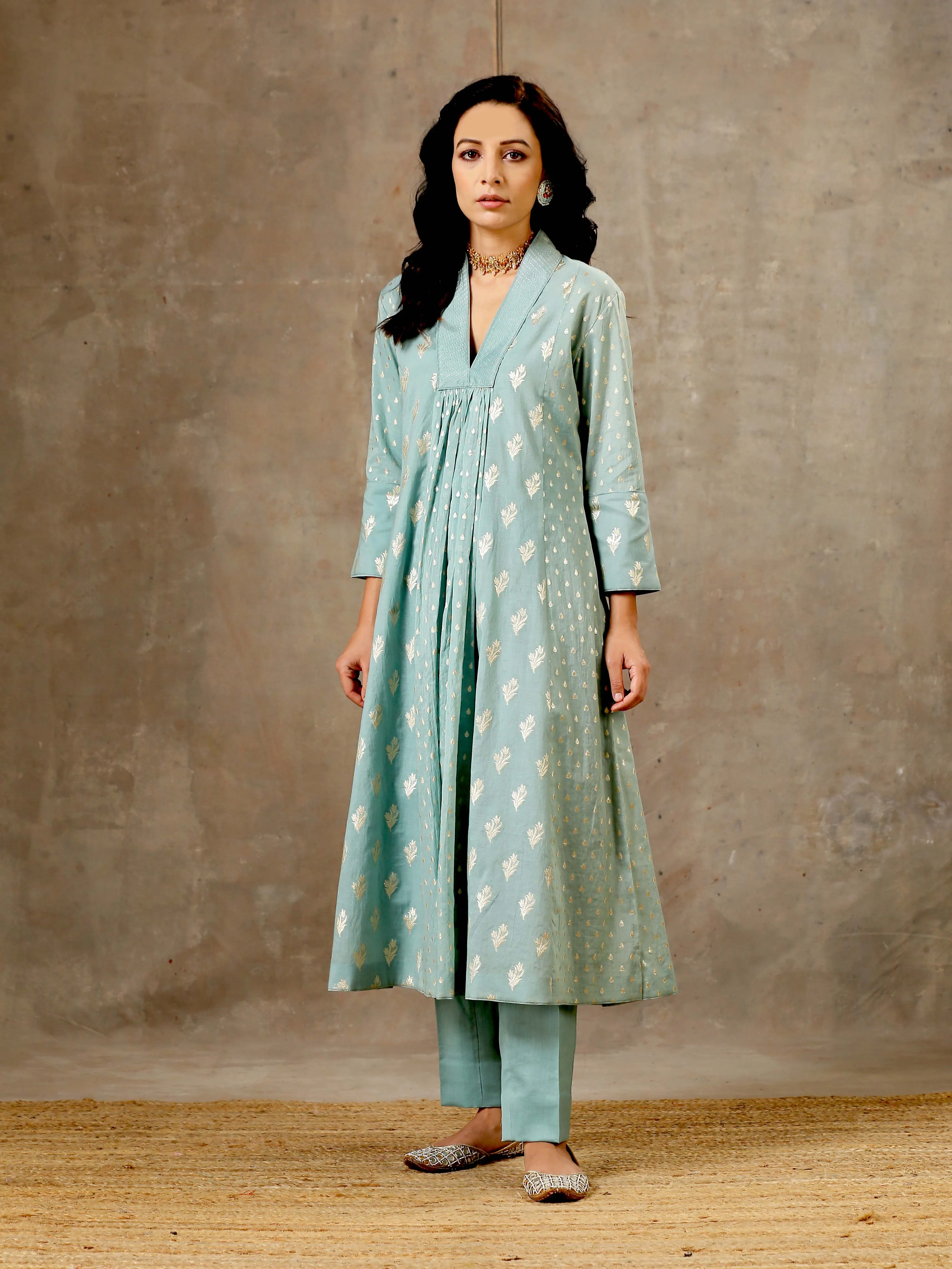 5 Kali Silk Chanderi Kurta Set in Aqua Blue