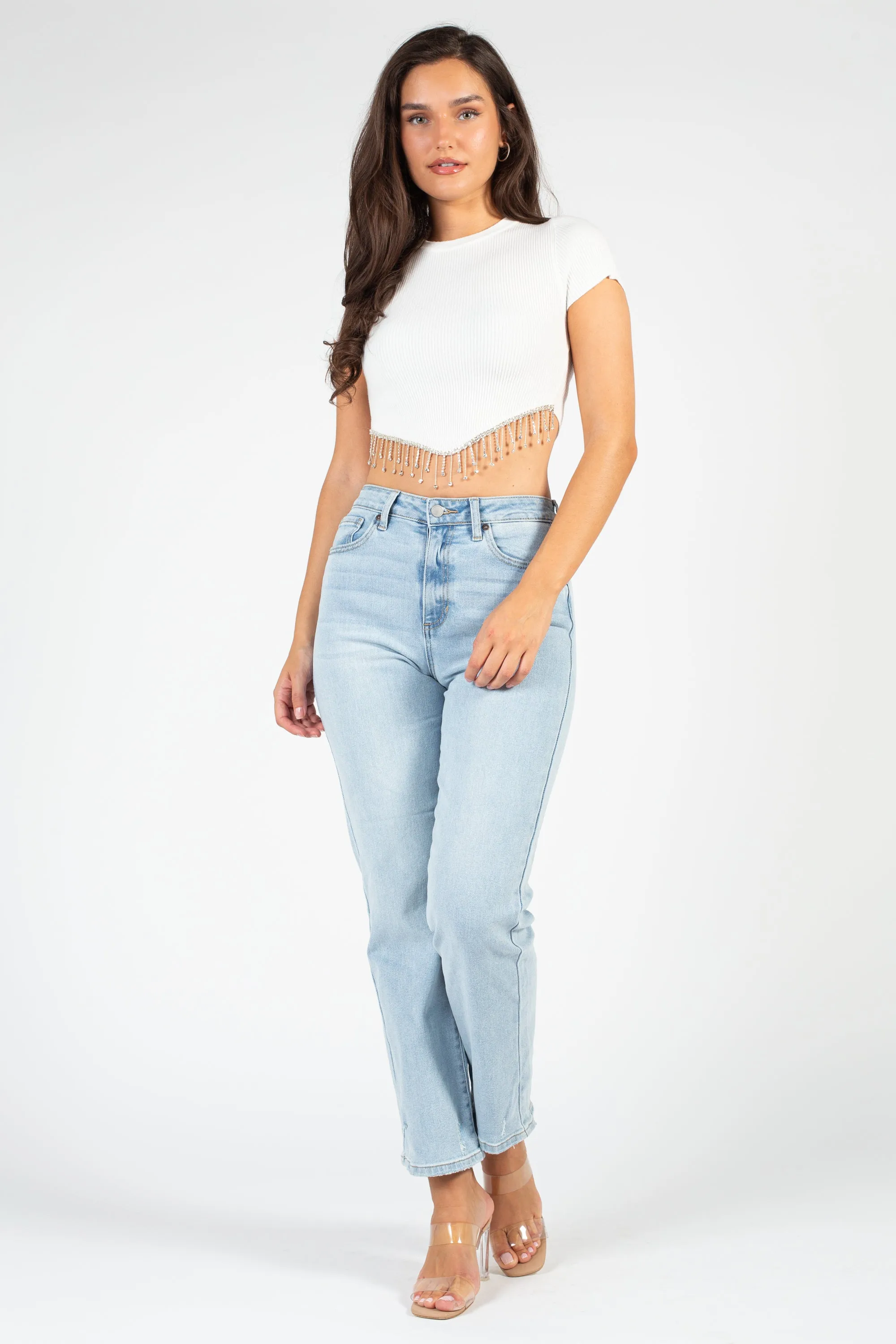 Alessia Rhinestone Fringe Ribbed Knit Crop Top