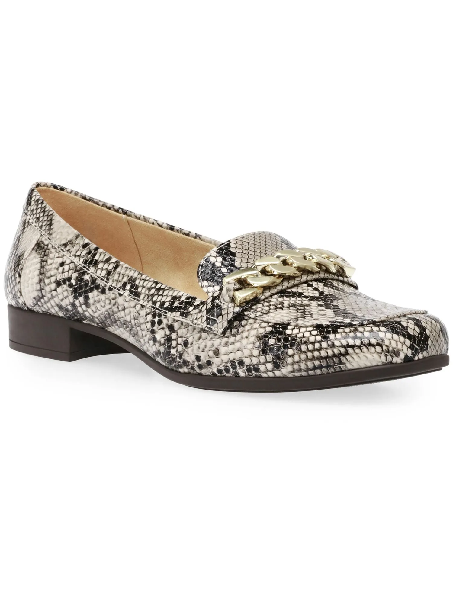 ANNE KLEIN Womens Beige Snake Print Pattern Chain Accent Cushioned Breathable Valisity Square Toe Block Heel Slip On Loafers Shoes M