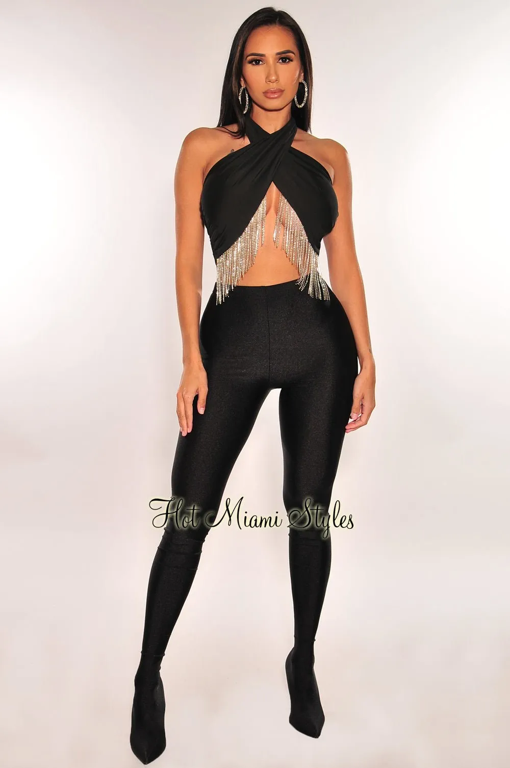 Black Rhinestone Fringe Tie Up Bandeau Cropped Top