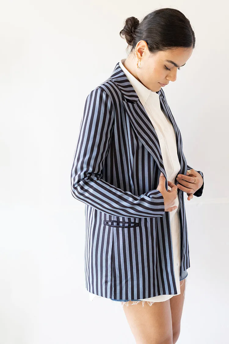 Blue Striped Belted Blazer