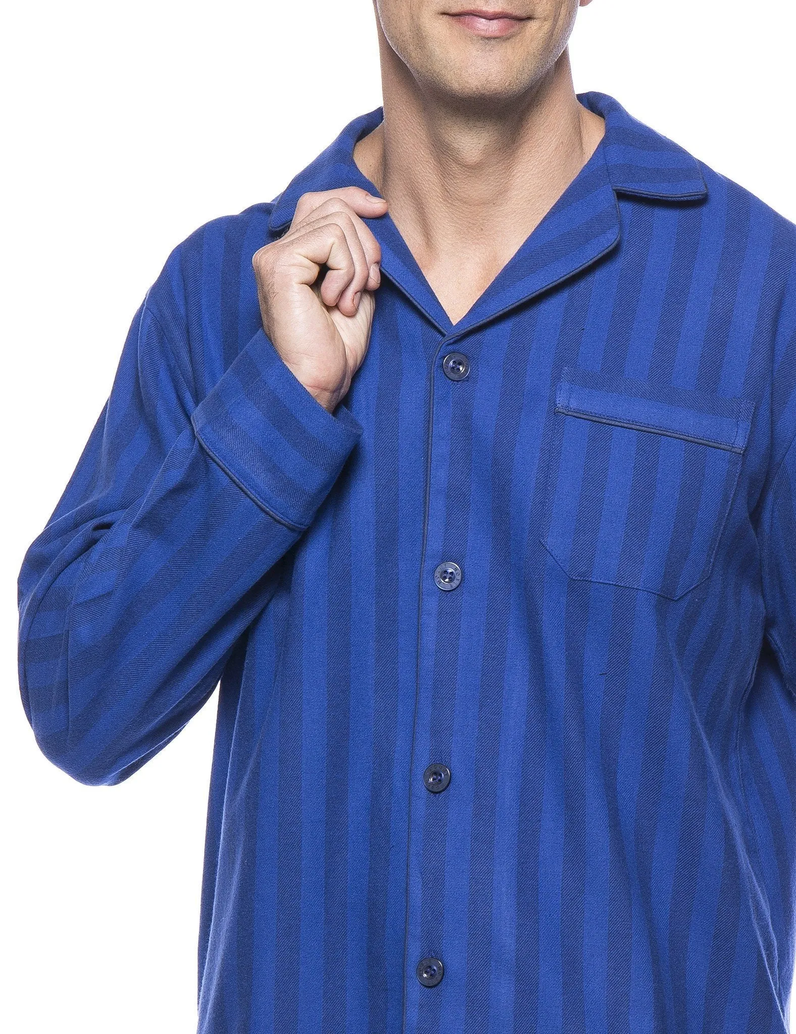 Box Packaged Men's Premium 100% Cotton Flannel Pajama Sleepwear Set - Stripes Tonal Blue