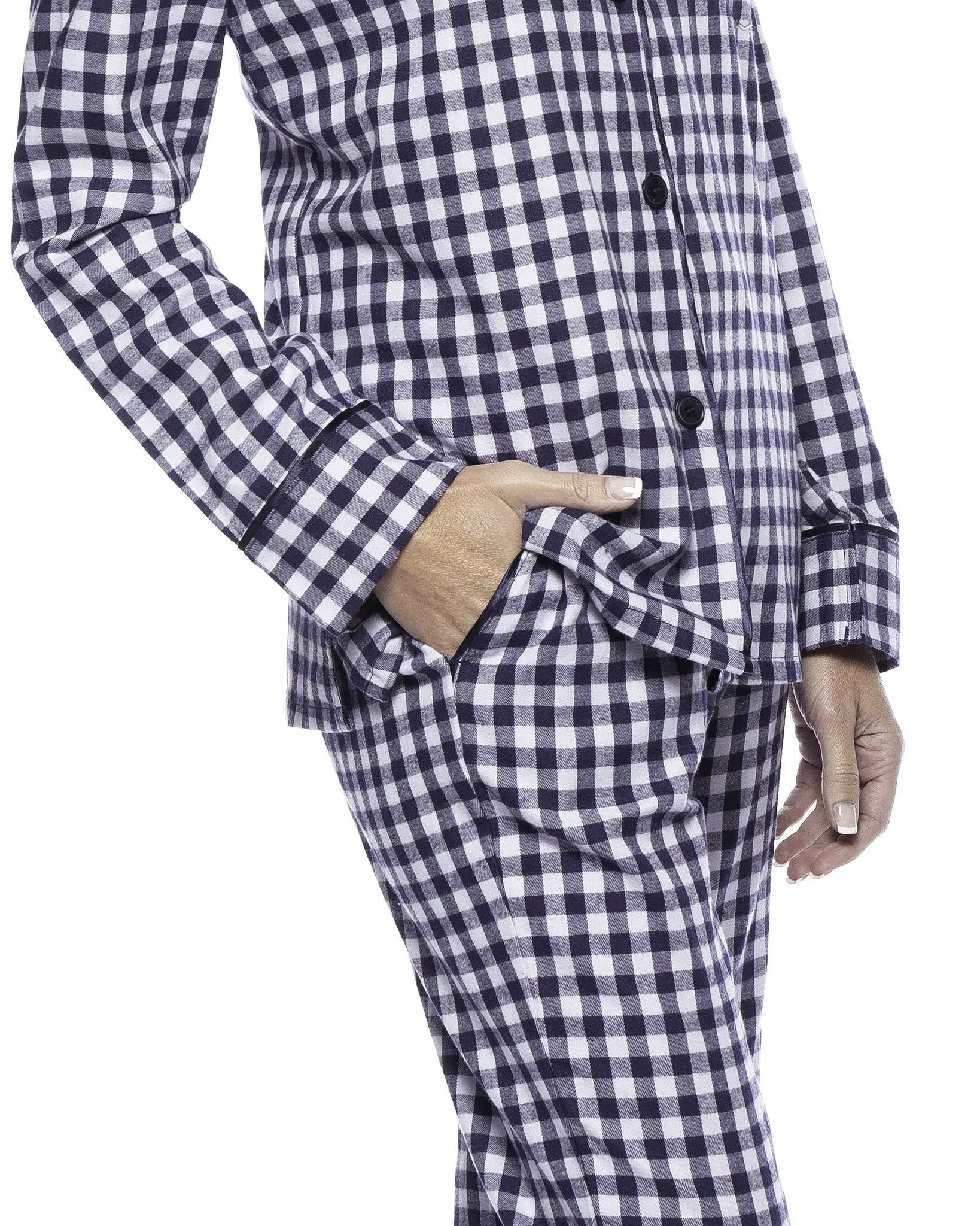 Boxed Pacakged Womens Premium Cotton Flannel Pajama Sleepwear Set with Free Plush Socks - Gingham Blue/Heather