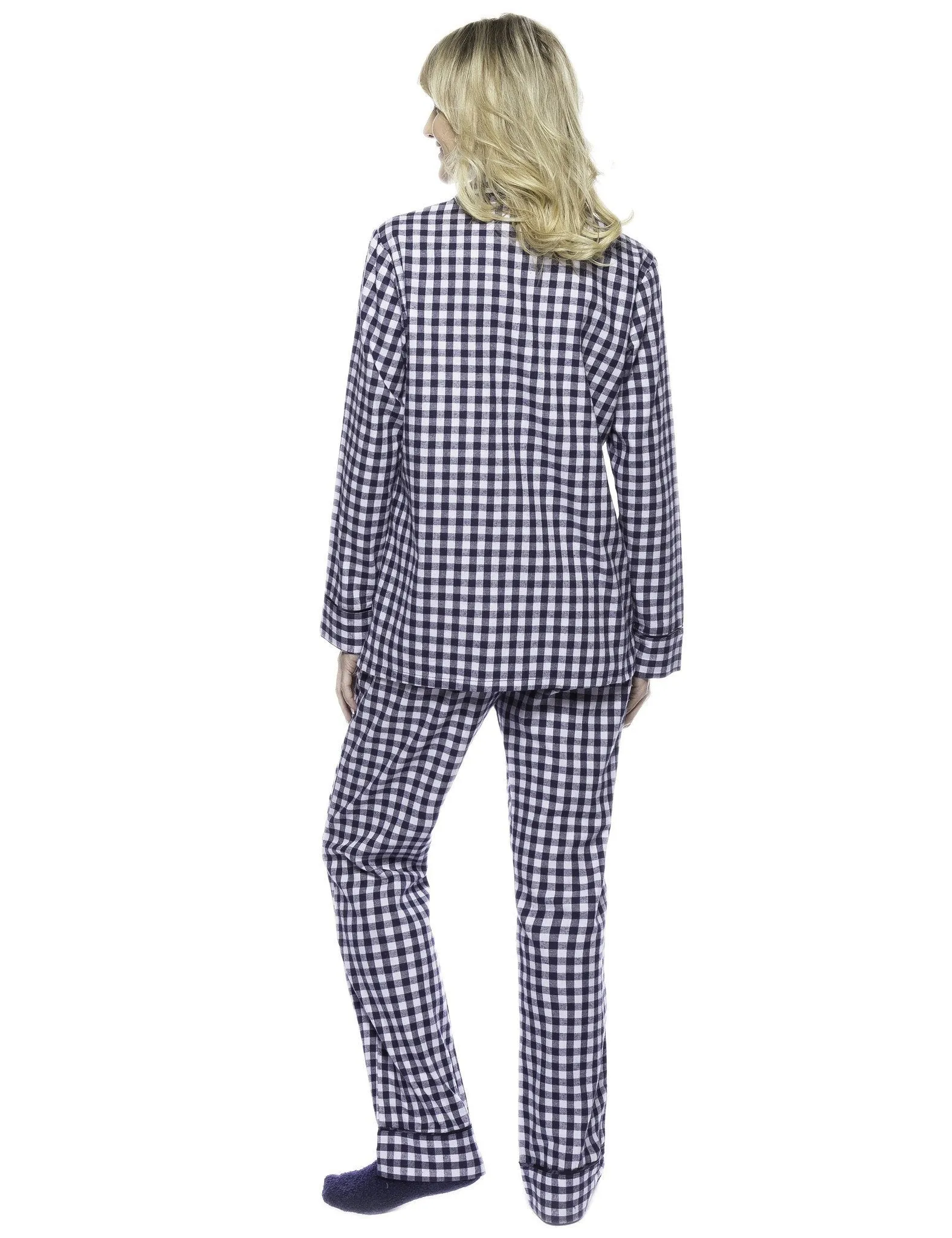 Boxed Pacakged Womens Premium Cotton Flannel Pajama Sleepwear Set with Free Plush Socks - Gingham Blue/Heather