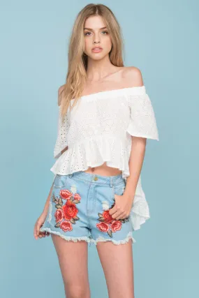 Brenna Fringe Floral Jean Shorts Blue Denim