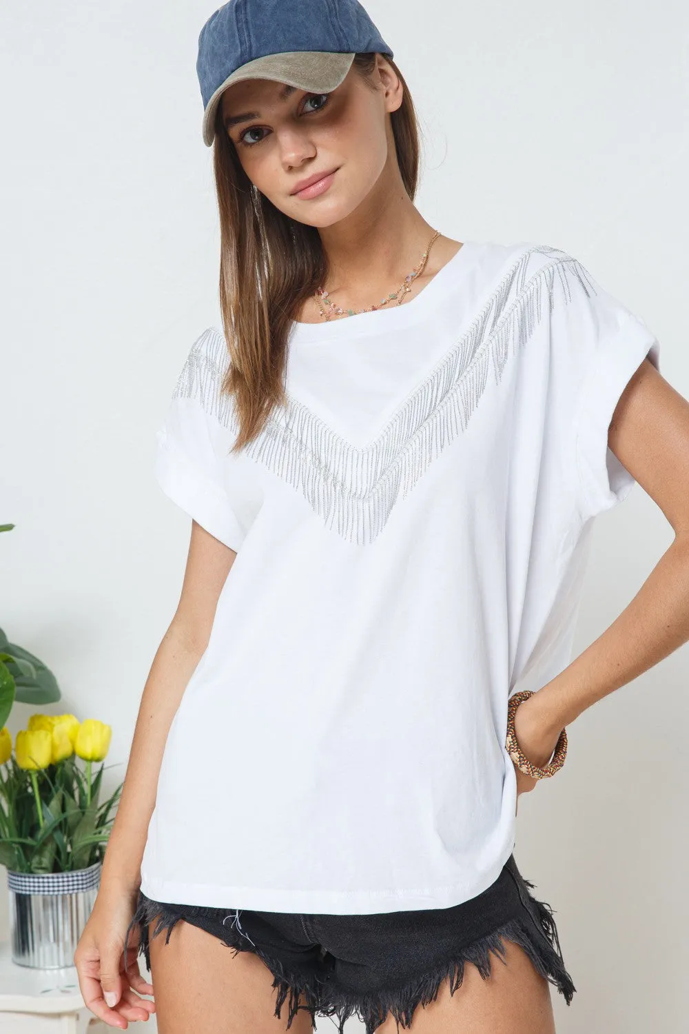 COTTON TEE WITH CHEVRON FRINGE BEAD DETAIL