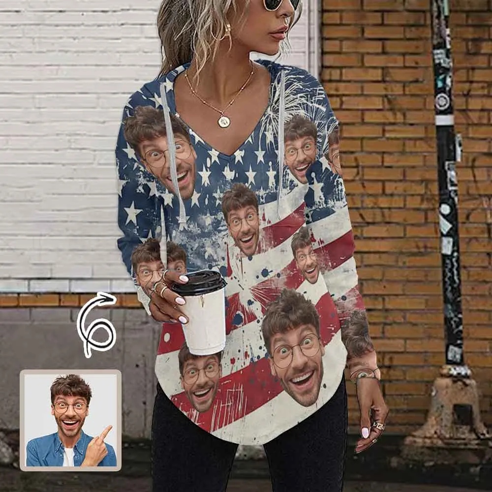 Custom Face American Flag V Neck Long Sleeve Drawstring Pullover Hoodies Shirts With Pocket Personalized Hoodie Tops For Women