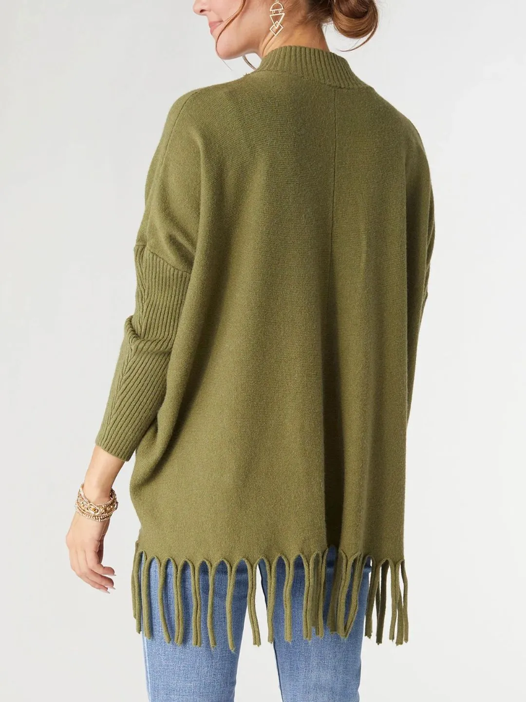 Danica Luxe Flowy Mock Neck Fringe Sweater - Army Green