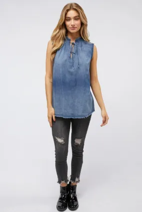 DENIM SLEEVELESS TOP WITH FRINGE