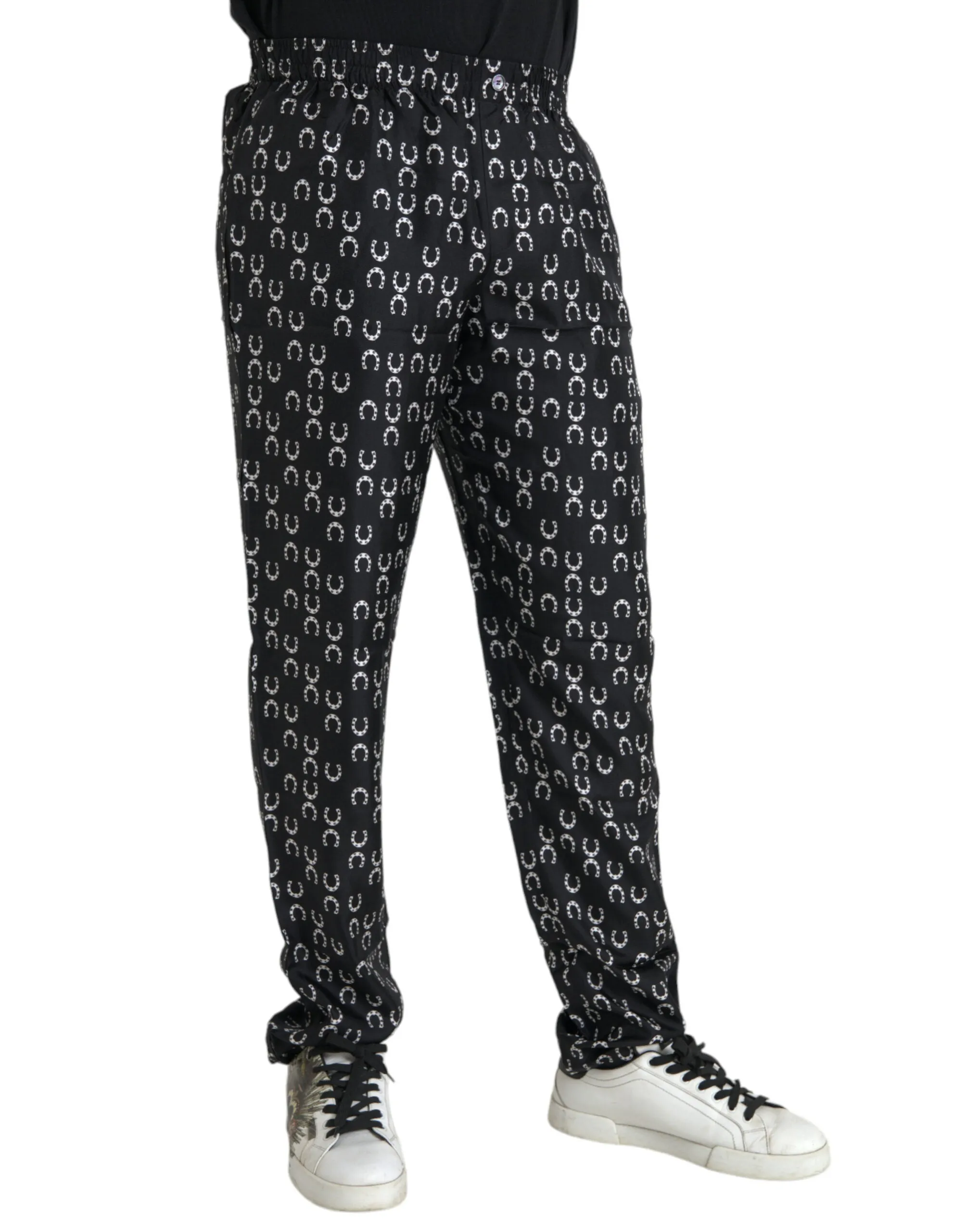 Dolce & Gabbana Black Horseshoe Print Silk Pants