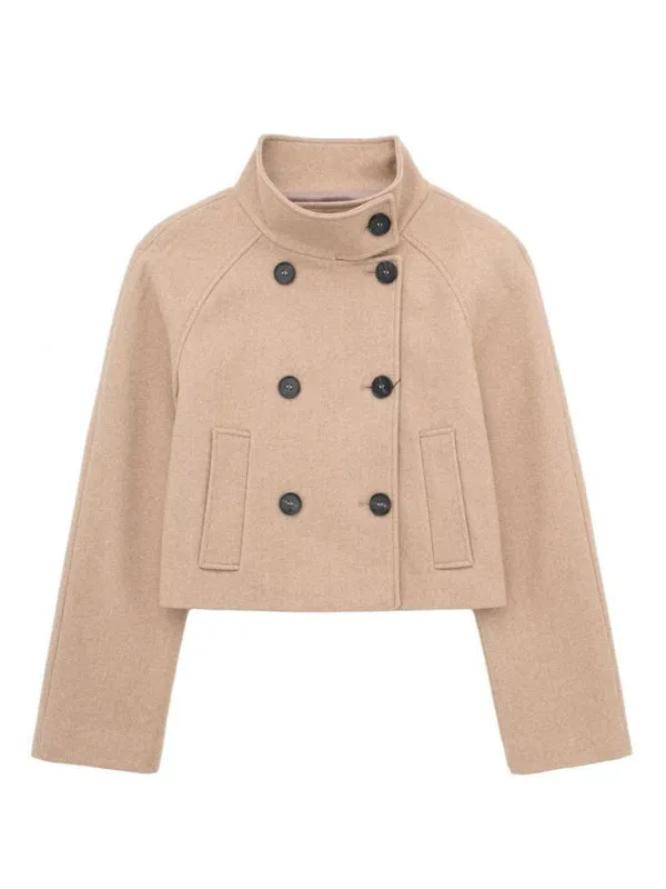 Double Breasted Woolen Jacket | Stand Collar Crop Peacoat