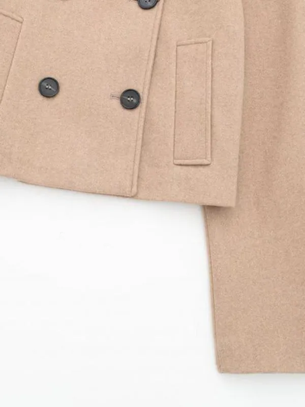 Double Breasted Woolen Jacket | Stand Collar Crop Peacoat