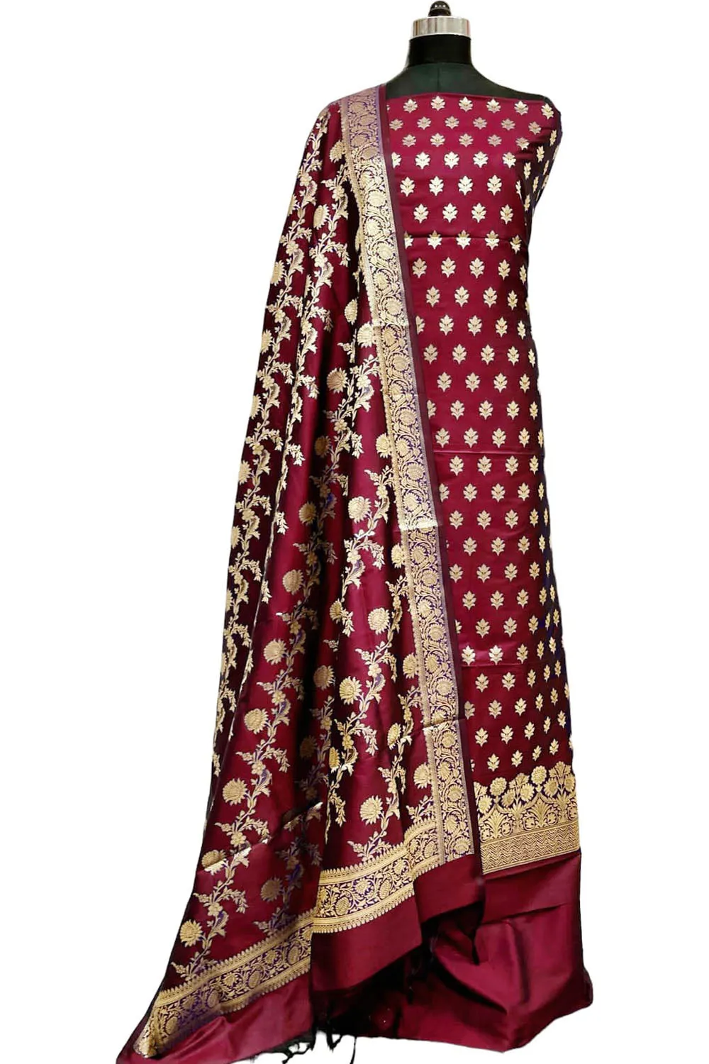 Elegant Maroon Banarasi Silk Three Piece Suit Set