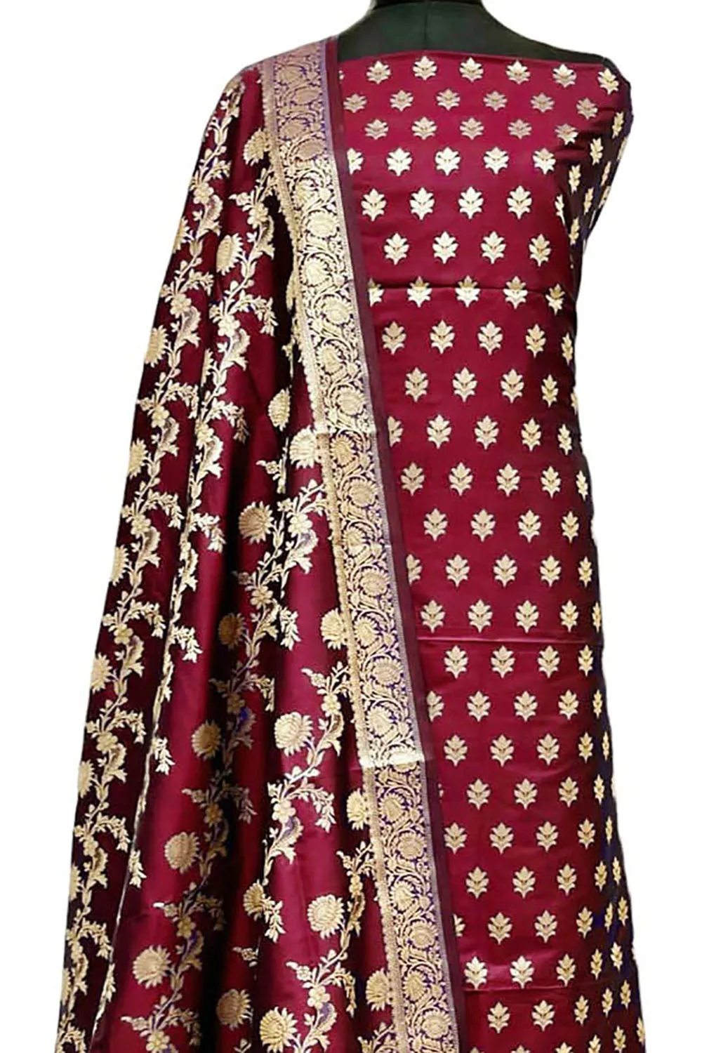 Elegant Maroon Banarasi Silk Three Piece Suit Set