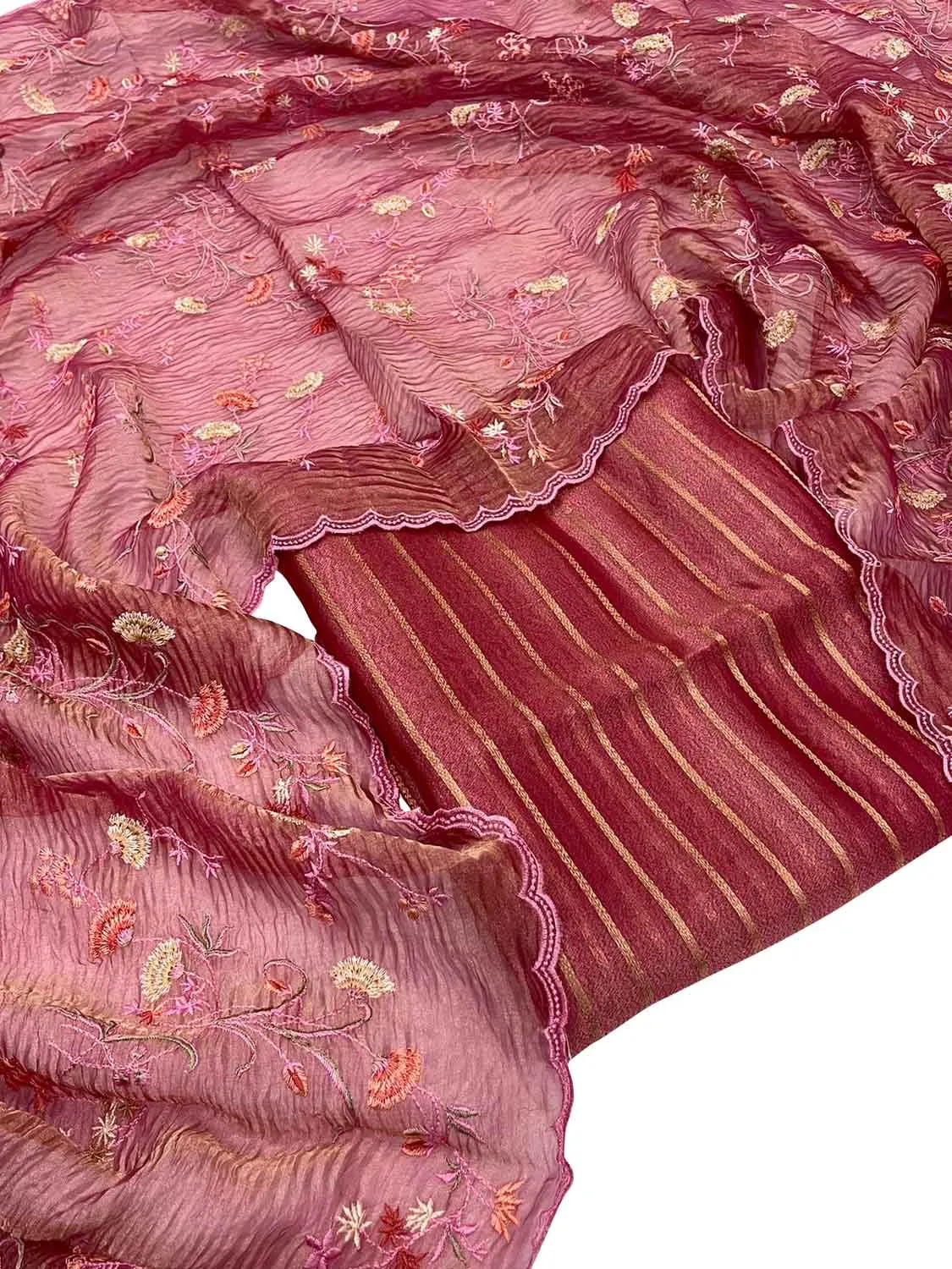 Elegant Pink Banarasi Tissue Silk Embroidered Three Piece Suit Set