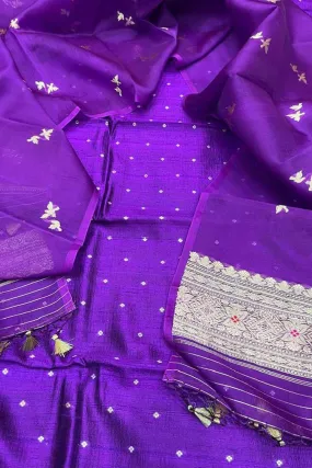 Elegant Purple Banarasi Silk Suit Set with Organza Dupatta