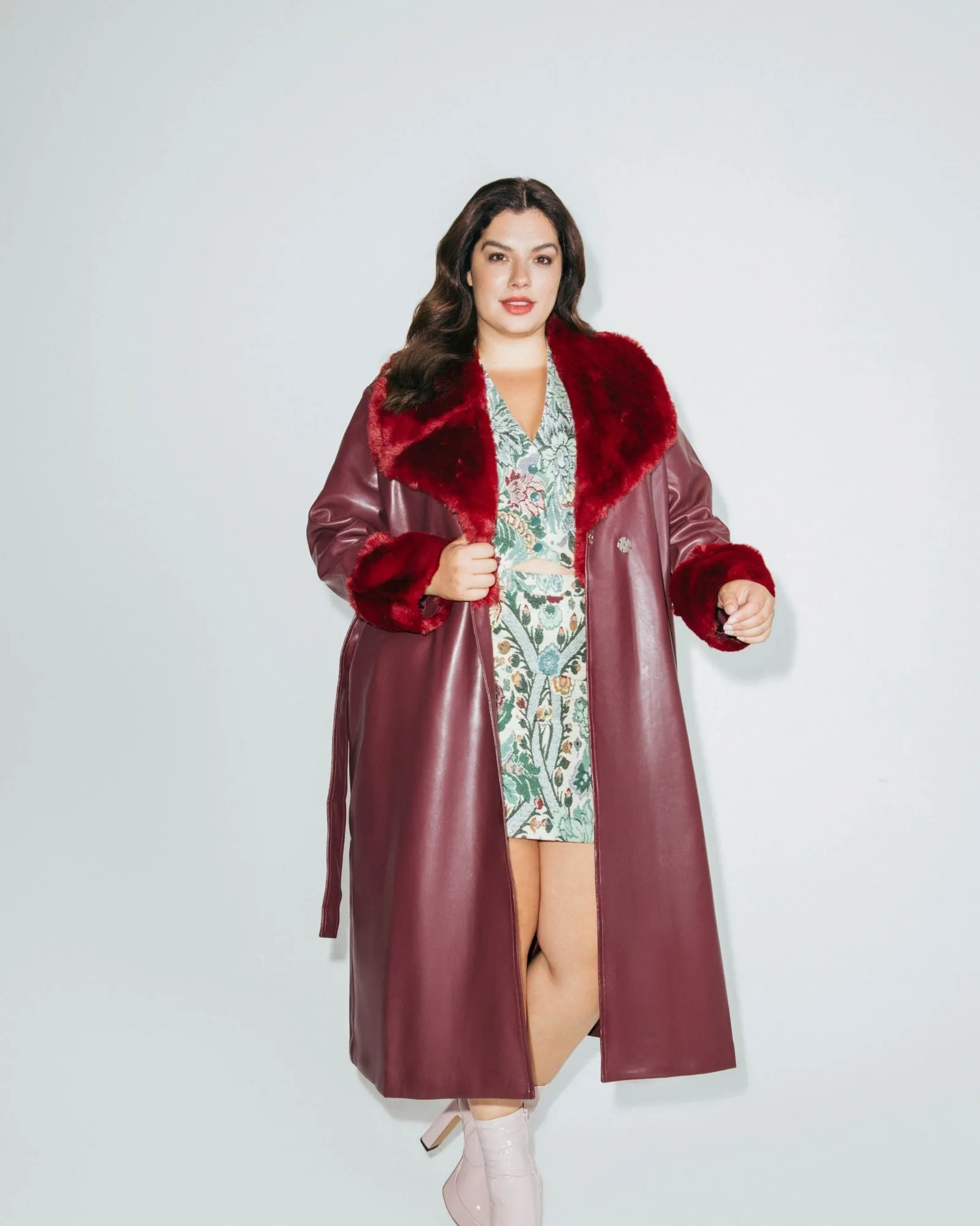 Faux Fur Collar & Leather Wrap Coat | Burgundy