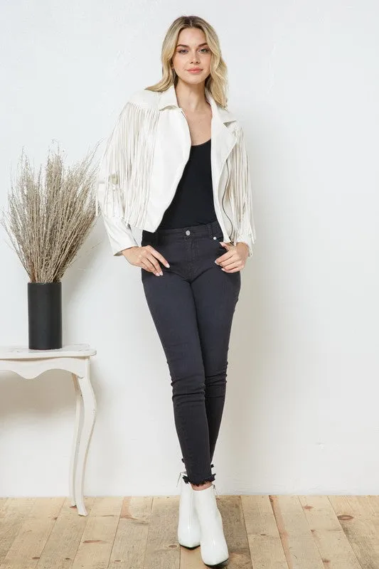 Faux Leather Moto Fringe Jacket PINK or White or Black