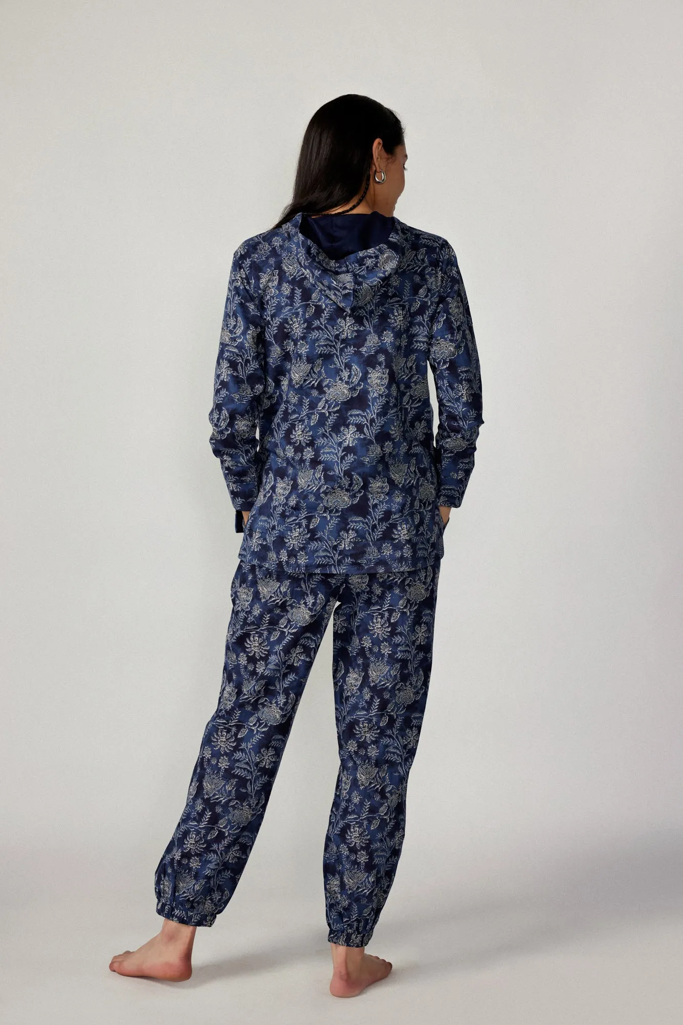 Floral Jaal on Denim Blue Cotton Hoodie Set