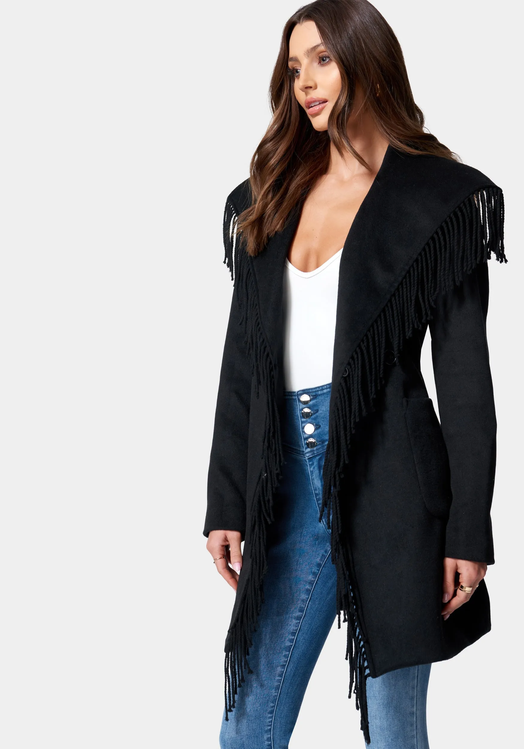 Fringe Detail Tie Waist Wrap Coat