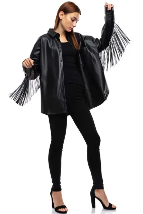 Fringe Trim Faux Leather Shirt