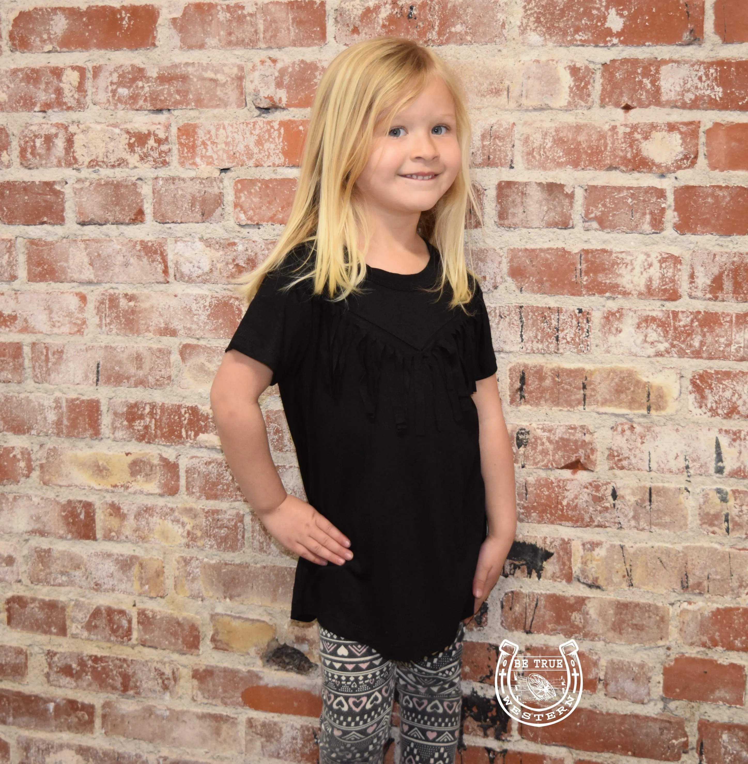 Girls Short Sleeve Black Fringe Shirt