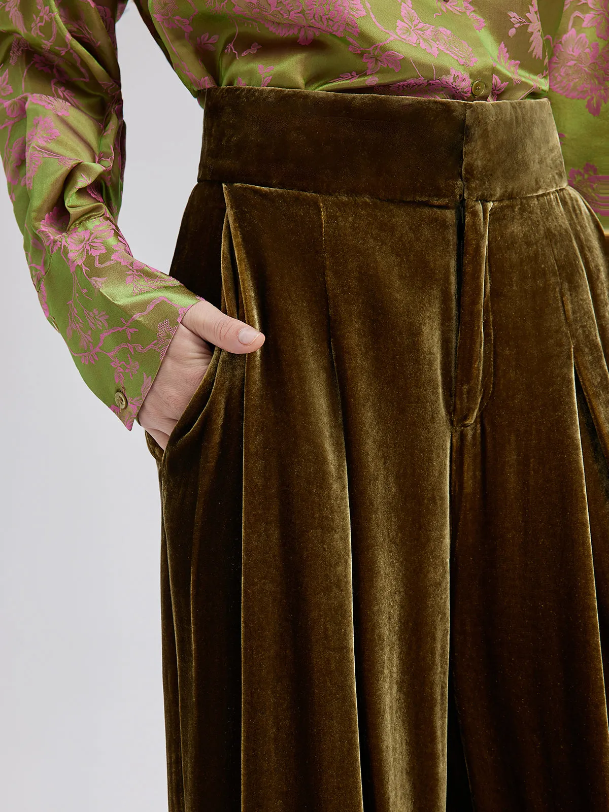 Gold Silk Velvet Wide-Leg Pants