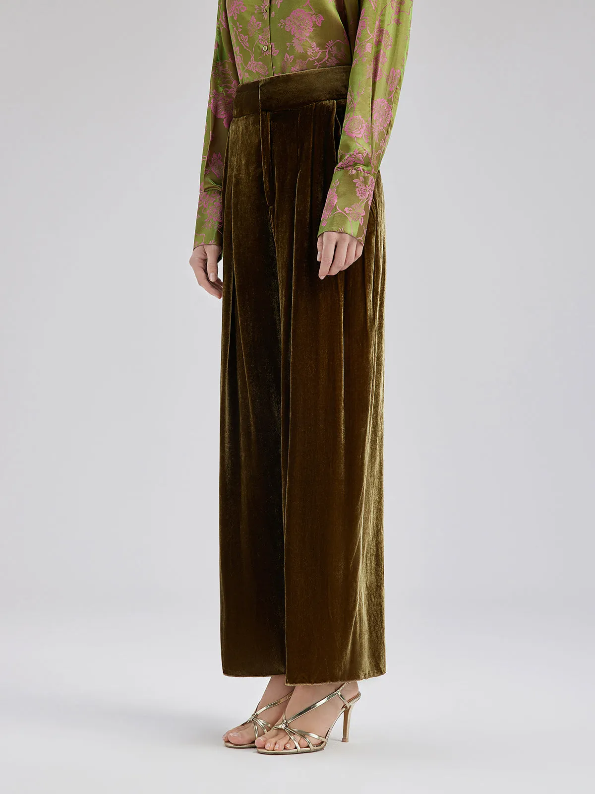 Gold Silk Velvet Wide-Leg Pants