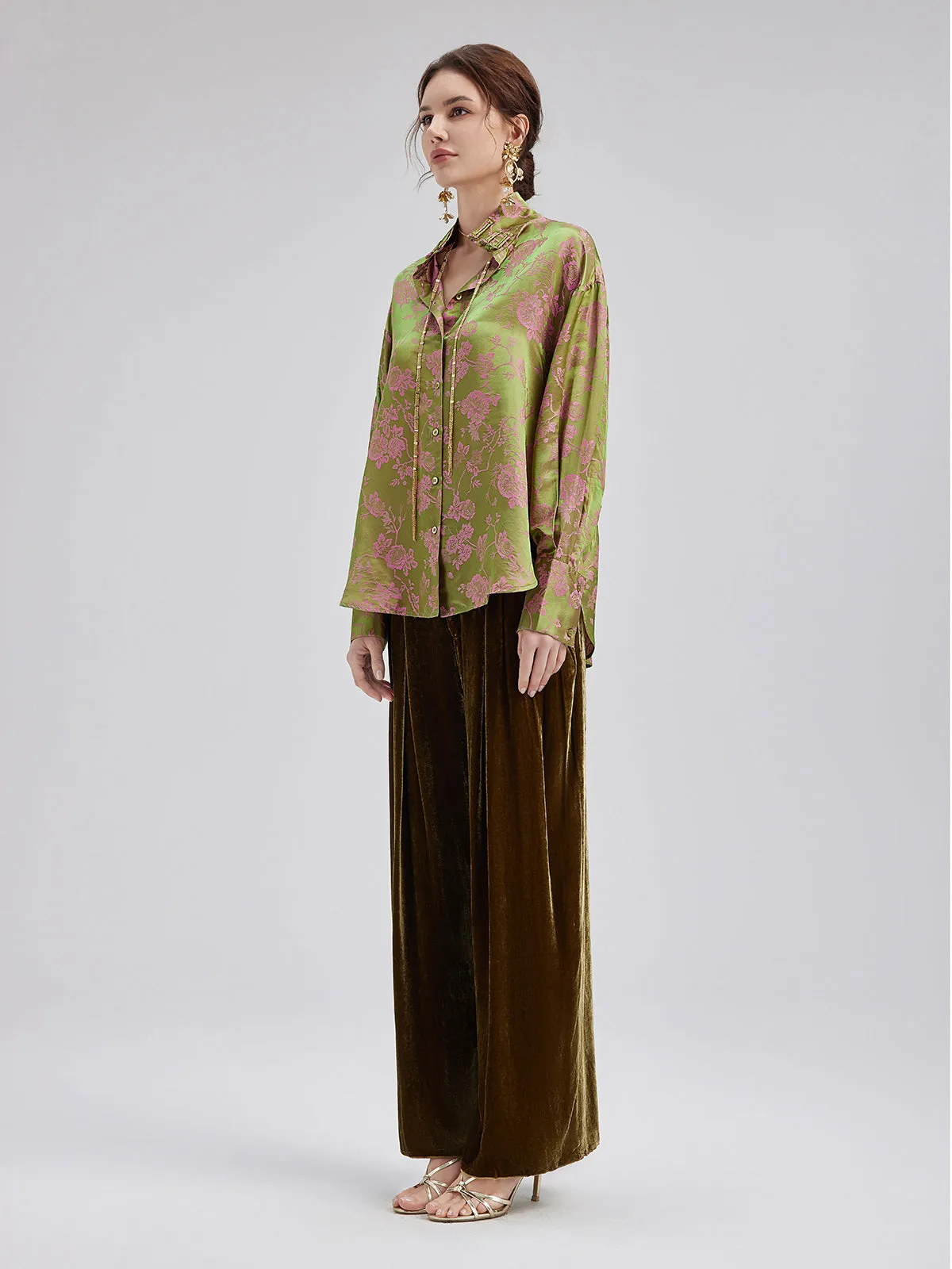 Gold Silk Velvet Wide-Leg Pants