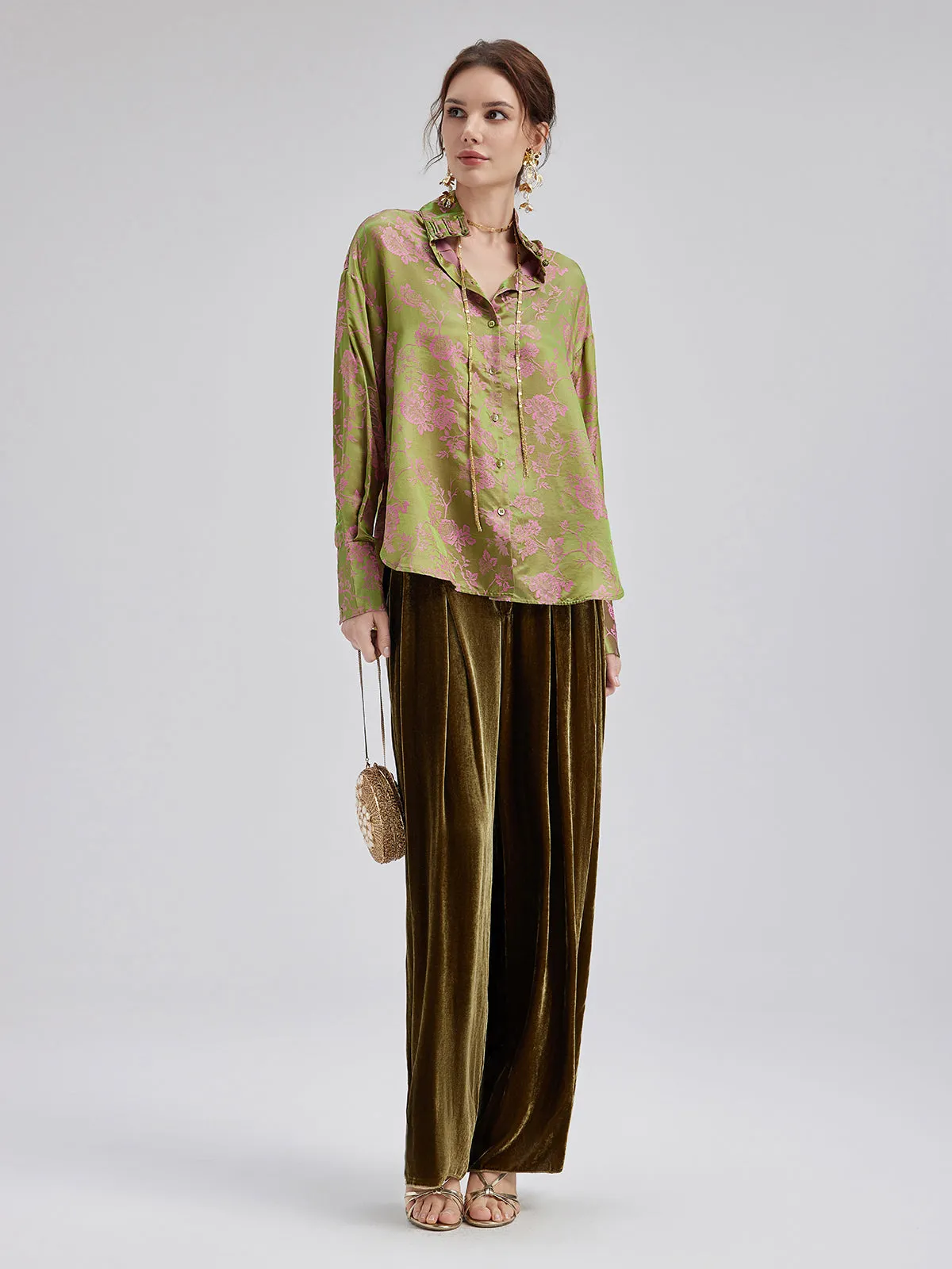 Gold Silk Velvet Wide-Leg Pants