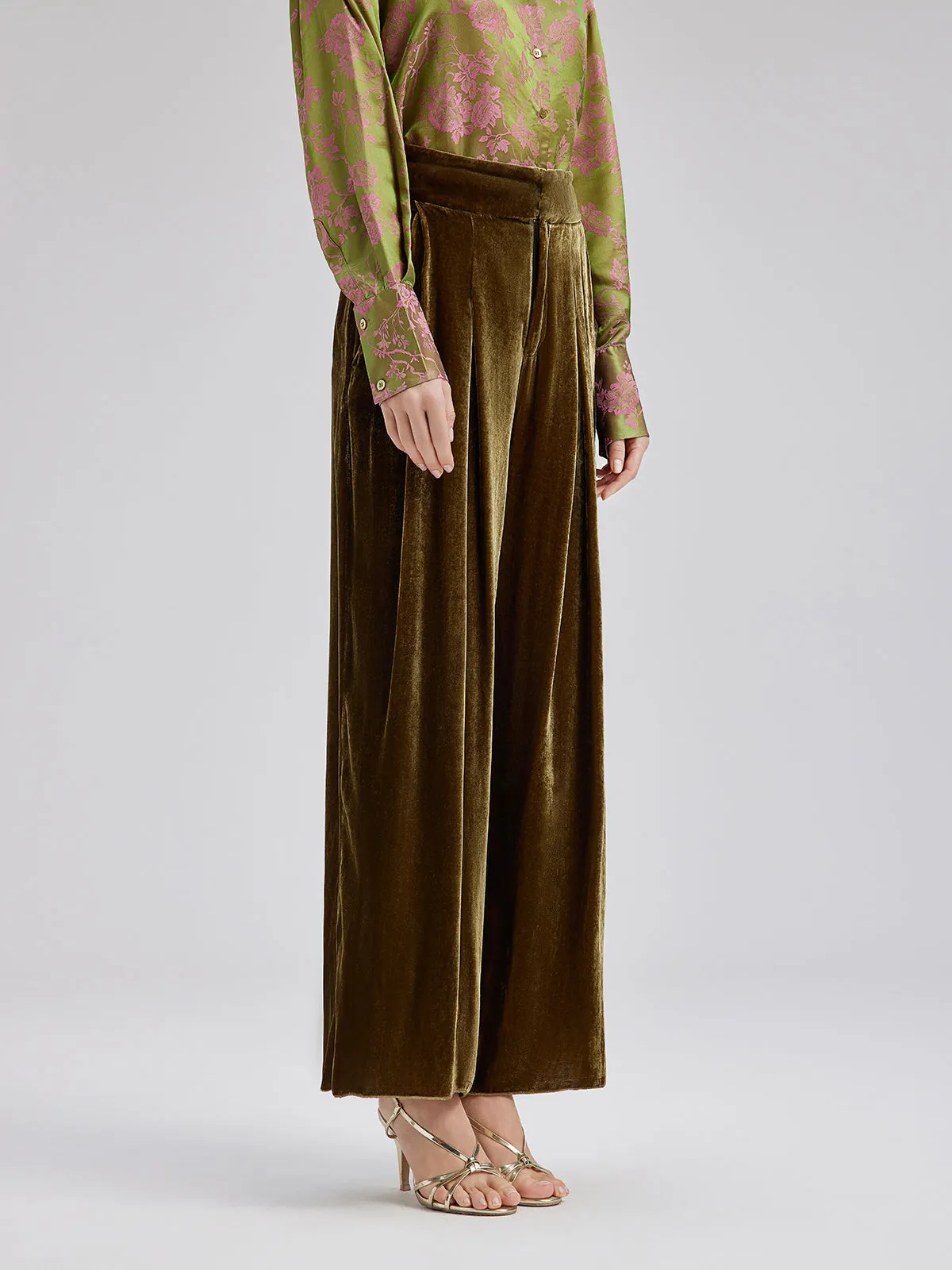 Gold Silk Velvet Wide-Leg Pants