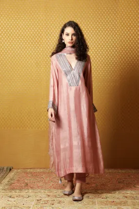 Hand-Embroidered Dusty-Peach Pure Silk Kurta-Pants Set