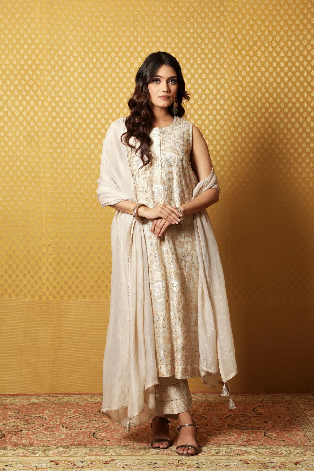 Hand-Embroidered Light Beige-Grey Pure Silk-Cotton (All-Over Jangla) Kurta-Pants Set