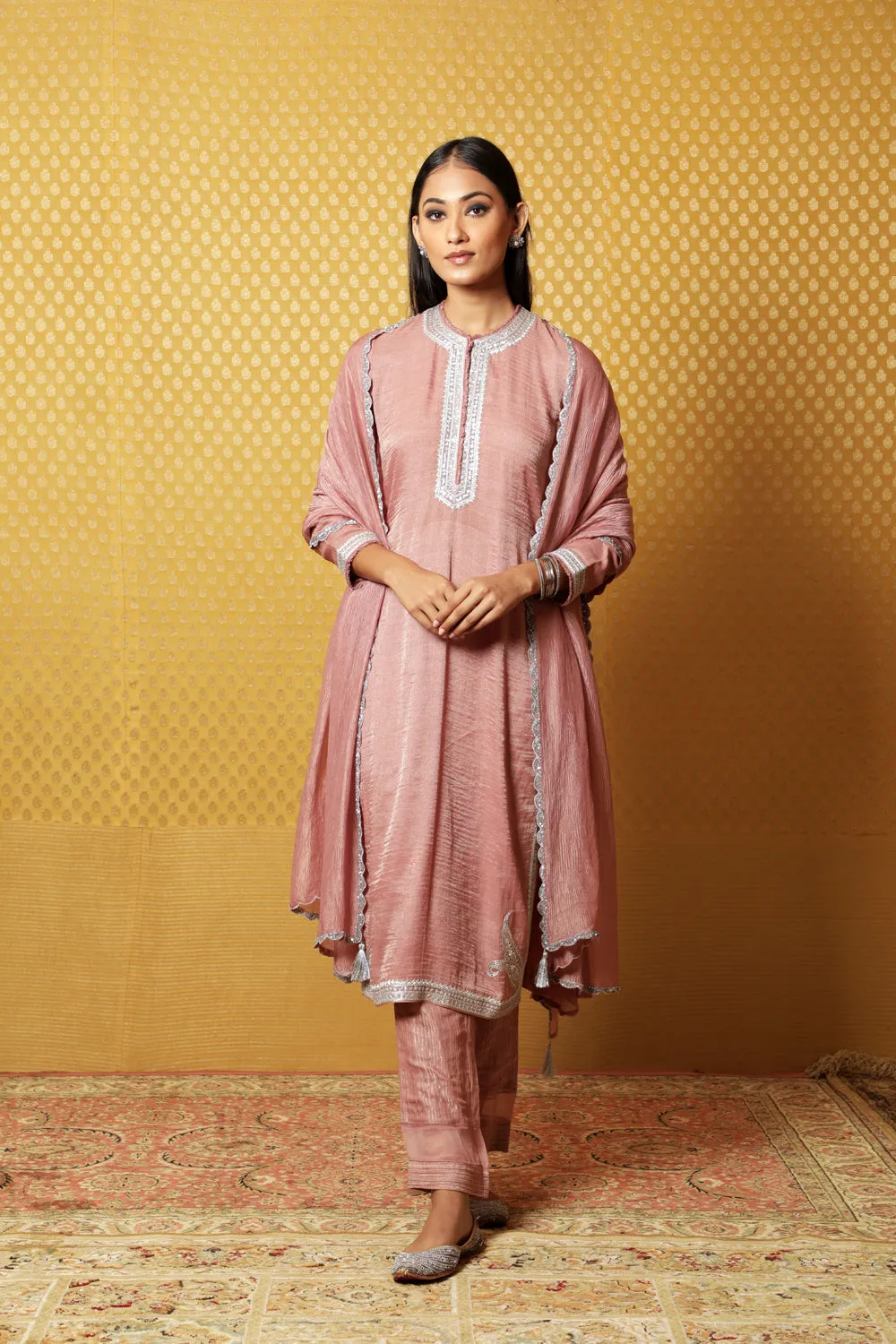 Hand-Embroidered Old-Rose Pure Silk- Cotton (Metallic) Kurta-Pants Set