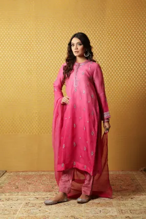 Hand-Embroidered Ombre Fuchsia-Pink Pure Katan-Silk Kurta-Pants Set