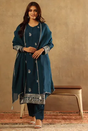 Handwoven Blue Katan Silk Kurta Set