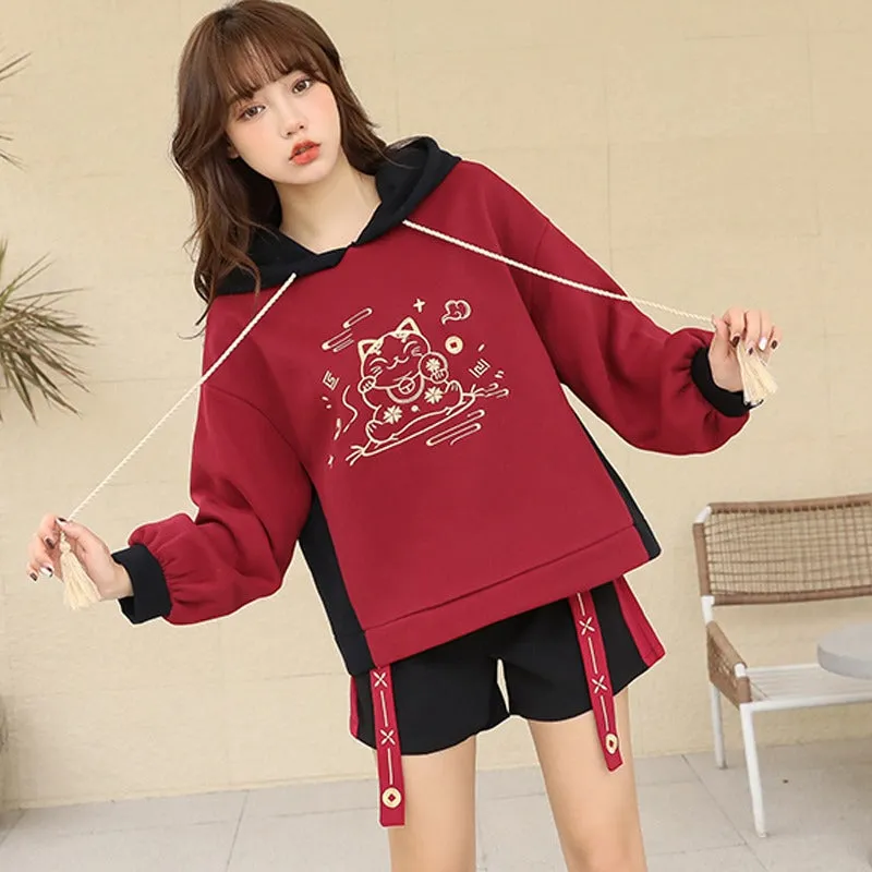 Harajuku Lucky Cat Drawstring Hoodie Skirt Two Piece Set