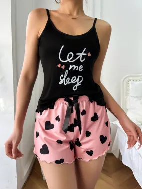 Heart & Letter Print Cami Top And Shorts Pajama Set