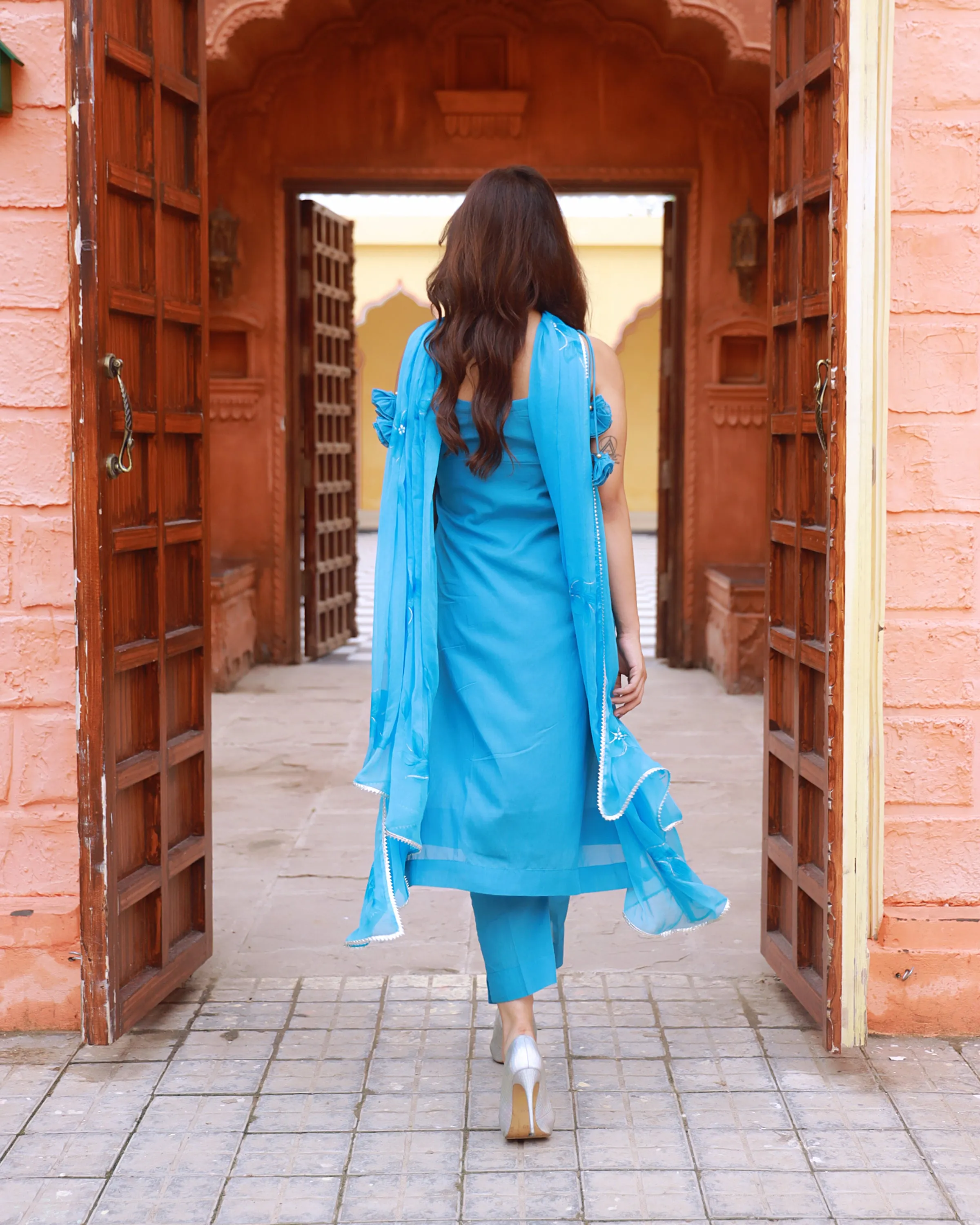 Heer Turquoise Hand Embroidered Silk Kurta Pant with Hand Painted Dupatta