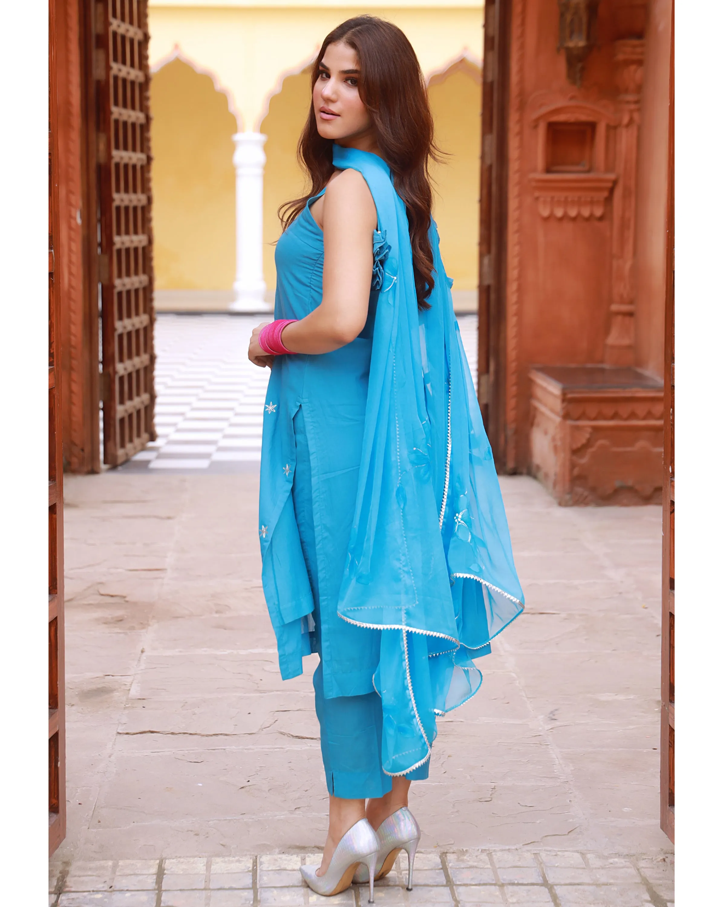 Heer Turquoise Hand Embroidered Silk Kurta Pant with Hand Painted Dupatta