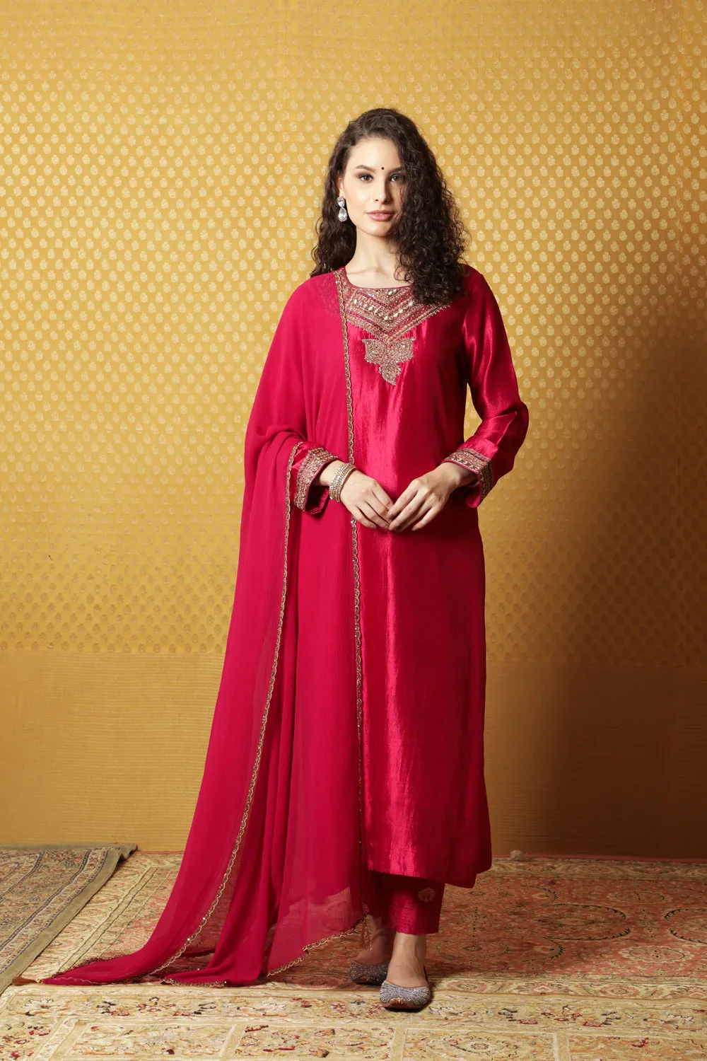 Jazzy-Pink Hand-Embroidered Pure Silk Kurta-Pants Set