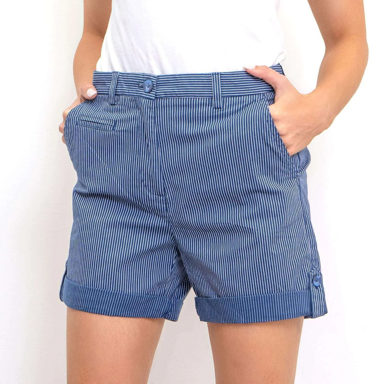 M&S Striped Cotton Mid Waist Roll Hem Blue Chino Casual Relaxed Shorts